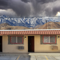 Storm looming over the Sierra Nevada mountains and the town of Lone Pine, California
